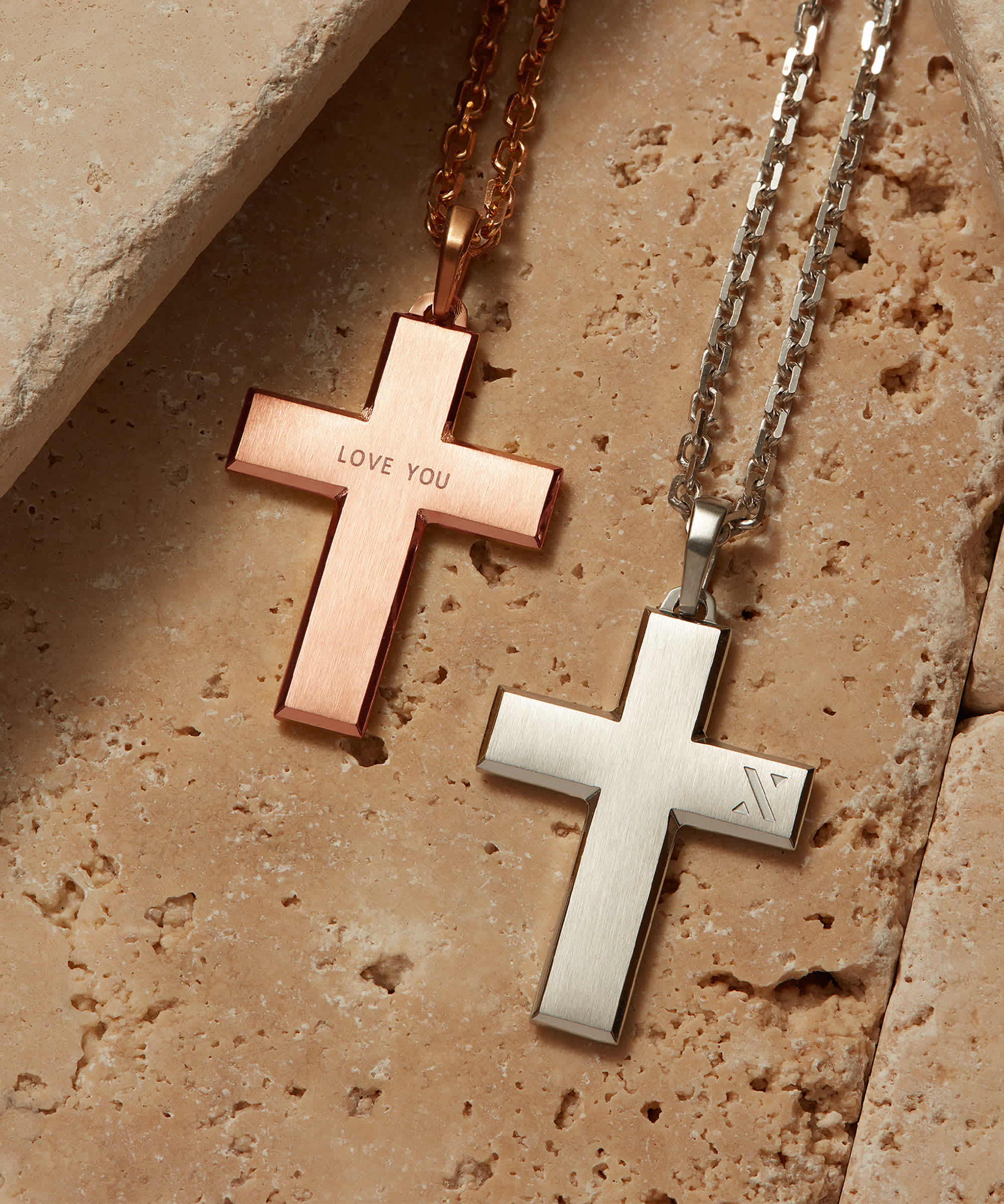 Rose Gold Mosaic Cross Pendant Necklace - Engravable